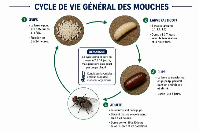 Cycle de vie général des mouches : œufs, larve, pupe, adulte