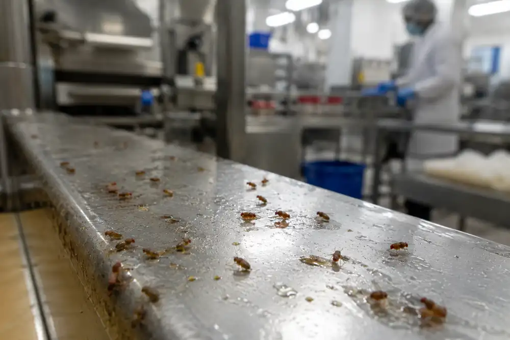 Drosophiles sur une ligne de production agroalimentaire