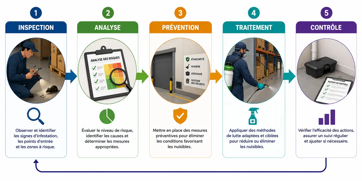 Les 5 étapes d'un plan IPM : inspection, analyse, prévention, traitement, contrôle