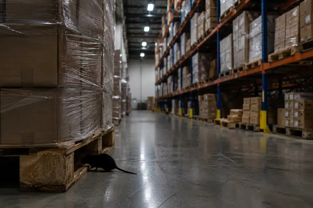 Rat dans un entrepôt logistique