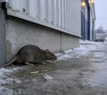 Rat longeant un bâtiment en hiver