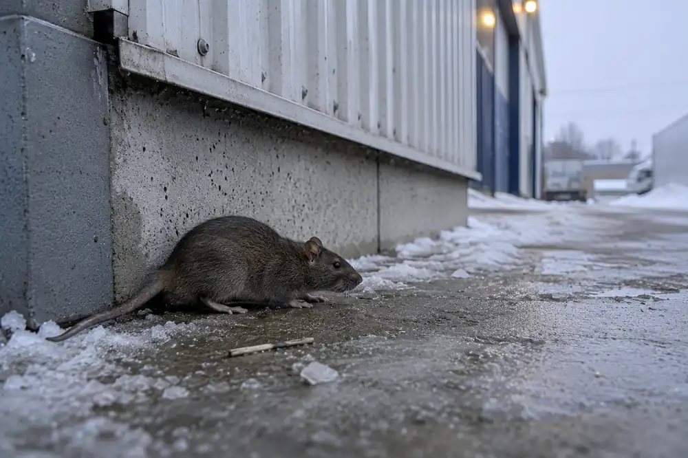 Rat longeant un bâtiment en hiver